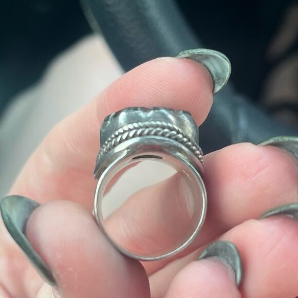 Vintage Carved Pale Green Flower Stone Wide Band Chunky 925 Sterling Silver Ring - Picture 6 of 14